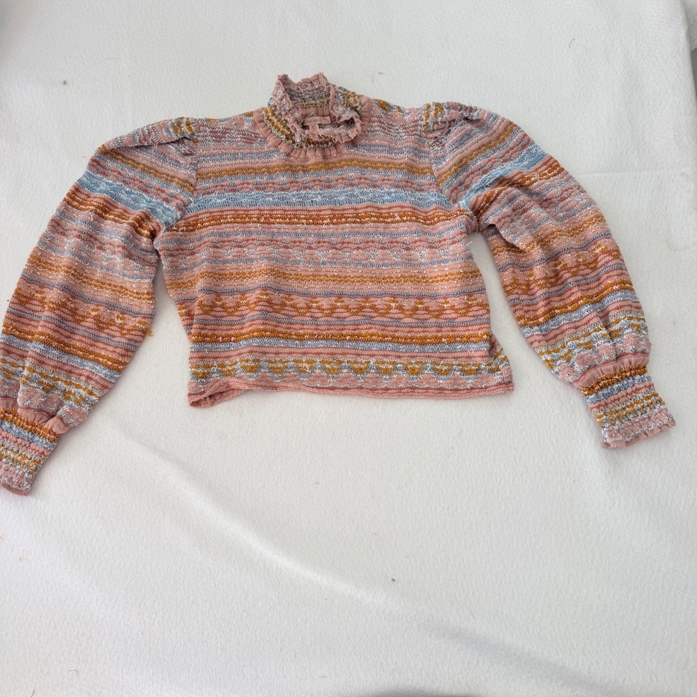 Anthropologie Cecilia Prado Pink Striped Metallic Knit Puff Sleeve Sweater XL - Picture 3 of 9